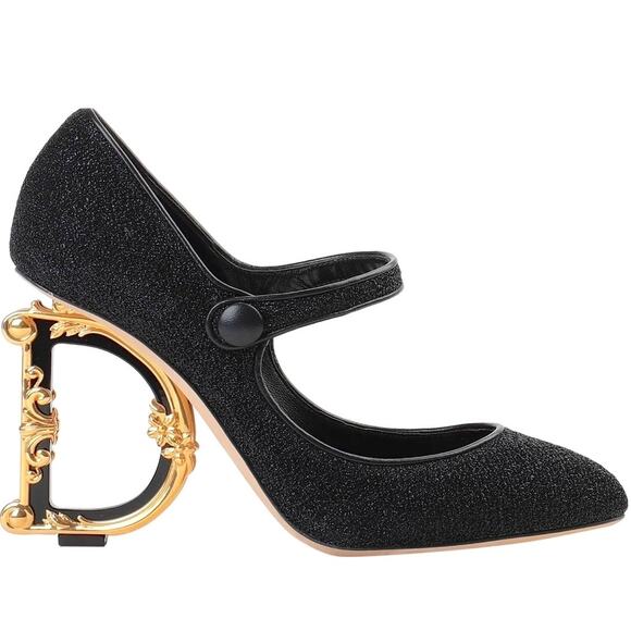Dolce & Gabbana Mary Jane sculpted baroque DG heel Glitter pumps Black 36.5 - Picture 1 of 4